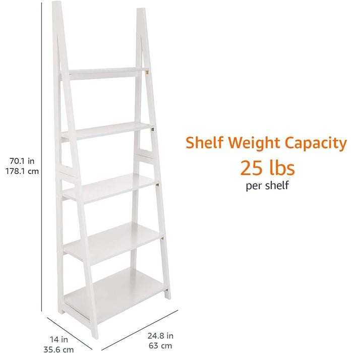 Ladder Bookshelf Organizer, 5-Tier, Solid Rubberwood Frame, White Finish, 14 D X 24.8 W X 70.1 H In