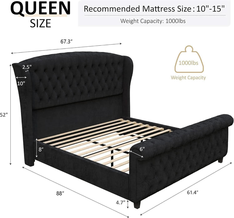 Queen Size Platform Bed Frame, Velvet Upholstered Sleigh Bed with Scroll Wingback Headboard Footboard/Button Tufted/No Box Spring Required/Easy Assembly/Black