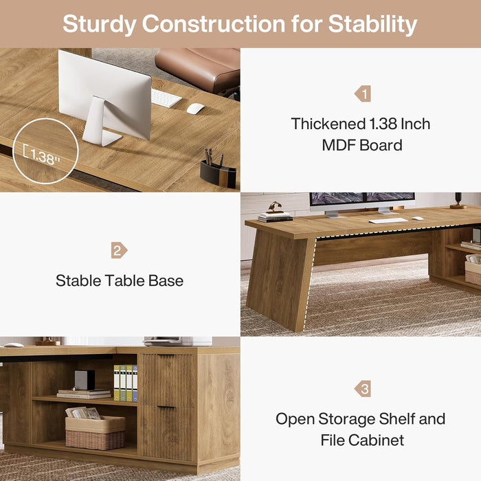 Executive Corner Desk 78Inch Drawers Brown Shelves