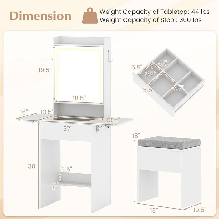 20'' Girls Vanity Desk with Lighted Mirror & Charging Station, Glass Top Makeup Table with Fold-Up Side Panels, Mirrored Cabinet, Drawer & Storage Stool for Bedroom Small Place (White)