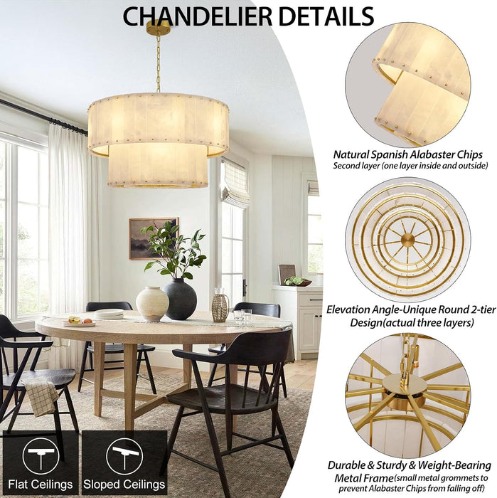 Alabaster Chandelier,D32In Spanish Marble round Alabaster Chandelier 2 Tiers,Modern Living Room Alabaster Chandeliers, Adjustable Gold Chandeliers for Dining Room,Bedroom,Bathroom,Entryway