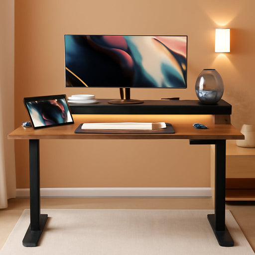 55 X 24 Inch Height Adjustable Electric Standing Desk with Double Drawers, Stand up Desk with LED Strips, Sit Stand Desk with Monitor Stand, Black Walnut