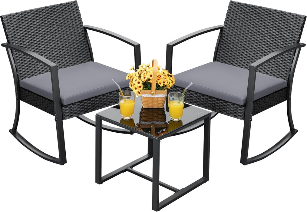 PP Patio Furniture Set 3 Piece All Weather Outdoor Rocking Chairs with Cushions and Coffee Table for Bistro Balcony Porch (Gray)