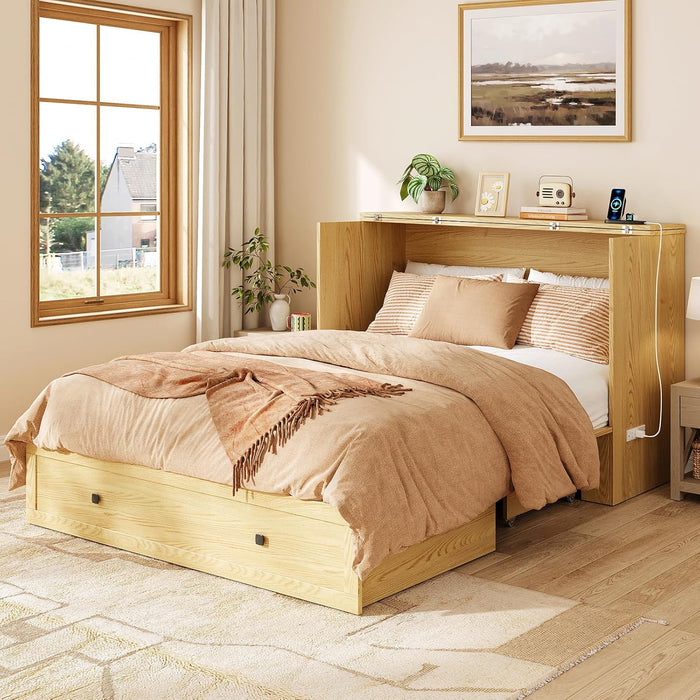 Murphy Bed Queen with Storage & Charging Station, Murphy Cabinet with Foldable Panel, Noisy Free, for Guest Bedroom, Living Room, Office, Distressed,Natural