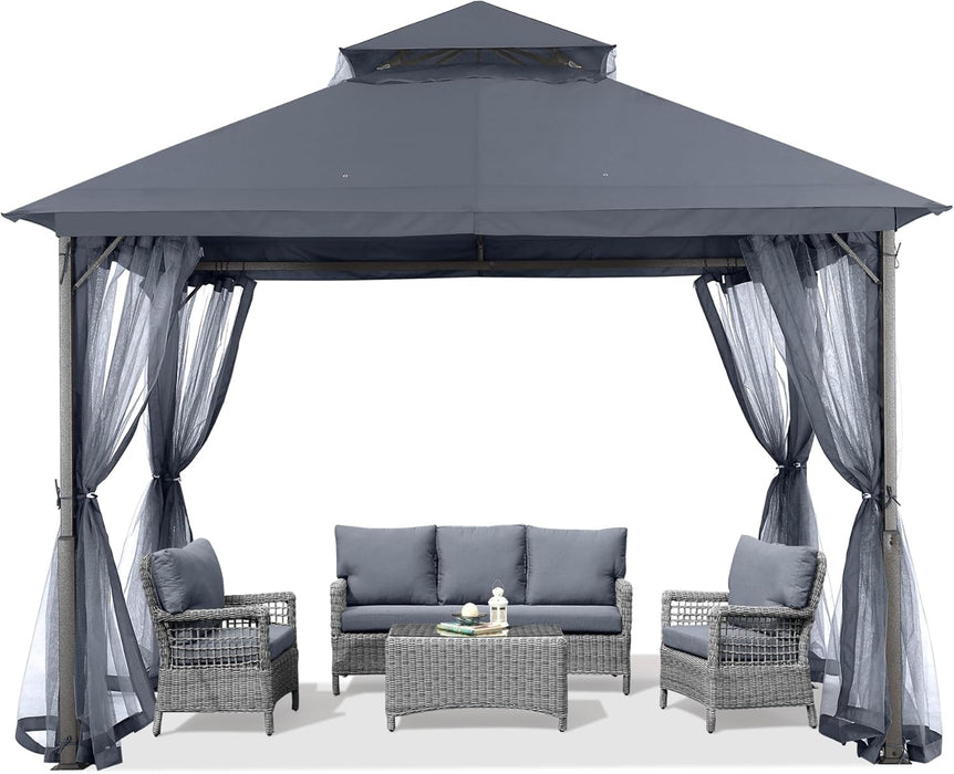 Outdoor Patio Gazebo 11X11 - Double Roof Canopy with Mosquito Netting for Backyard, Deck, Garden, Lawn, Dark Gray