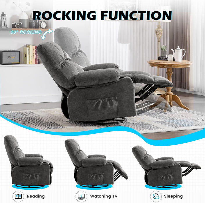 Oversized Recliner Chair with Massage and Heat, 360° Swivel Rocker