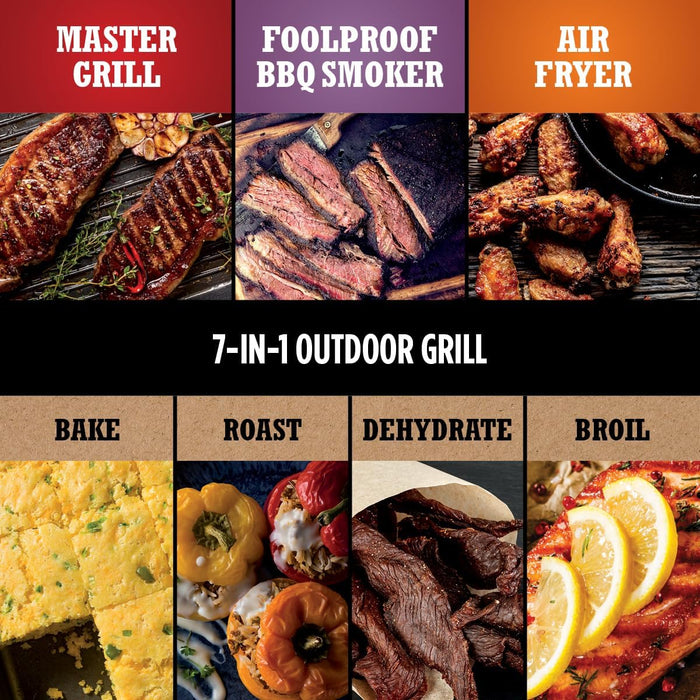 OG751 Woodfire Pro Outdoor Grill Built-In Thermometer,7-In-1 Master Grill,Bbq Smoker,& Outdoor Air Fryer plus Bake,Roast,Dehydrate & Broil,Woodfire Technology,Weather-Resistant,Grey XL