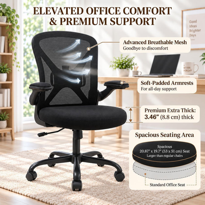 Ergonomic Office Chair with 90° Flip-Up Armrests and Adjustable Lumbar Support, Mid-Back Breathable Mesh Home Office Chair with 3.15” Thick Seat Cushion, 300Lbs Weight Capacity, 1PC, Black