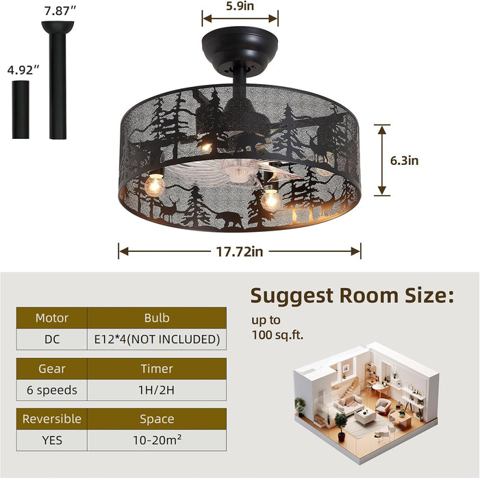 Rustic Ceiling Fan with Light and Remote, Black round Fandelier