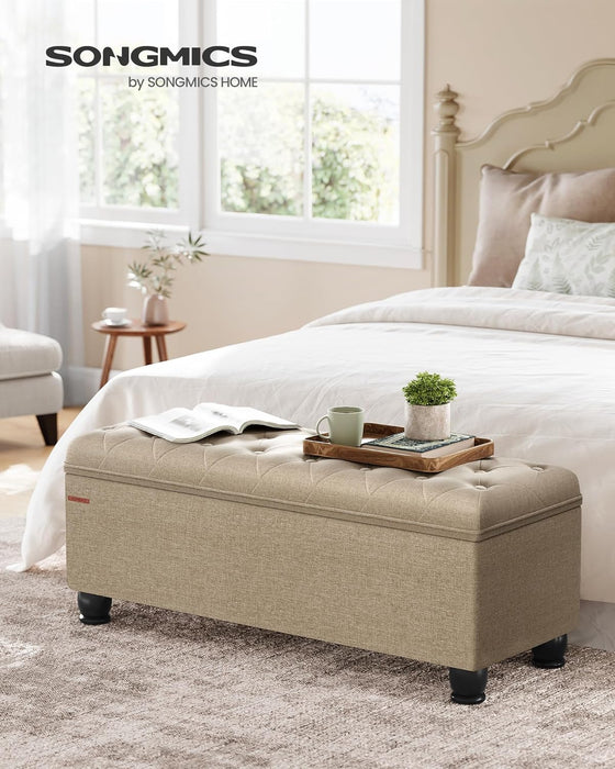 Storage Ottoman, Storage Bench, Tufted Entryway Bedroom Bench, 17.7 X 46.5 X 17.7 Inches, Hinges Easy Lid Operation, Wooden Legs, Linen-Look Cover, Loads 330 Lb, Camel Brown ULOM070K01