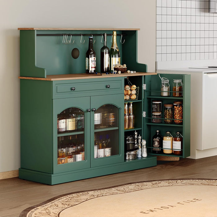 Farmhosue Coffee Bar Cabinet with Hutch - 48” Morden Buffet Cabinet with Drawer Storage and Glass Doors,Wine Bar Table with Adjustable Shelves for Living Dining Room,Green