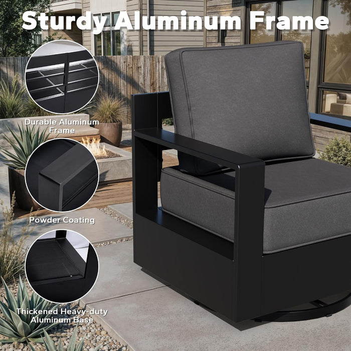 Outdoor Aluminum Furniture Set, 5-Piece Patio Conversation Set, 4 Swivel Chairs and 1 Sofa, All-Weather Metal Frame, 6" Thick Removable Cushions, Deep Setting for Garden, Poolside and Porch