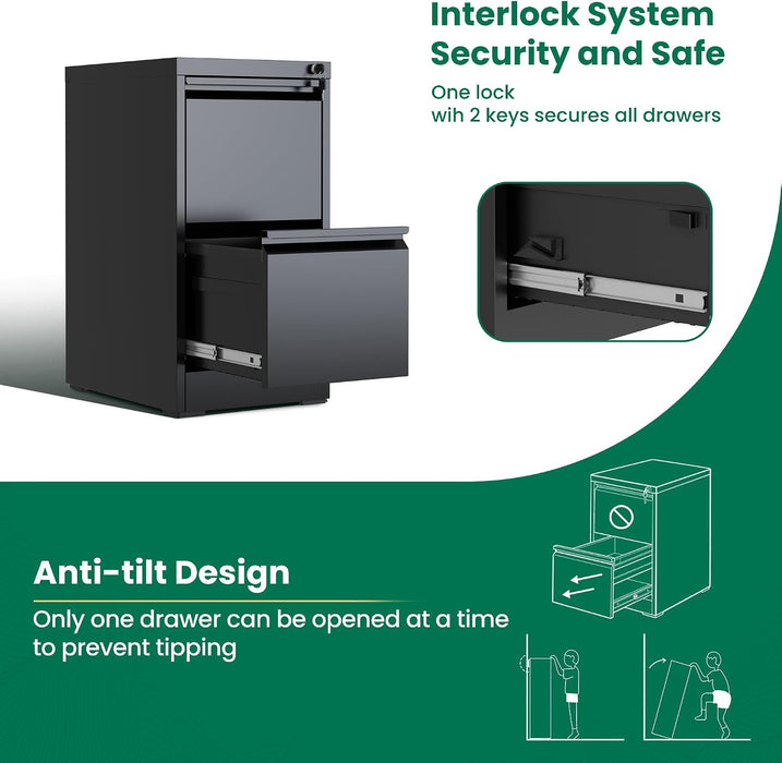 2 Drawer File Cabinet with Lock, Vertical Filing Cabinets for Home Office, Metal Storage Cabinets, Heavy Duty File Cabinet for Letter/Legal/A4/F4 Size Amsseble Required, Black