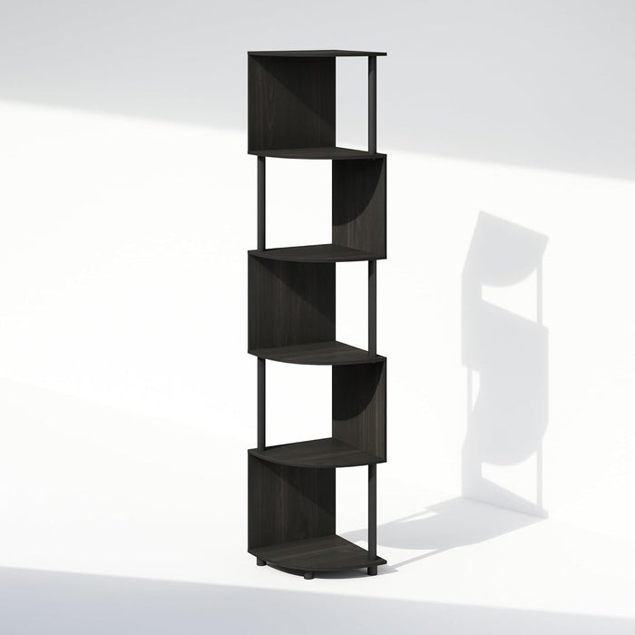 Basic Book Shelf, 5-Tier Bookshelf, Bookcase with Zigzag Corner Shelf, 14.2 X 14.2 X 71.2, for Living Room, Bedroom, Home Office, Espresso/Black