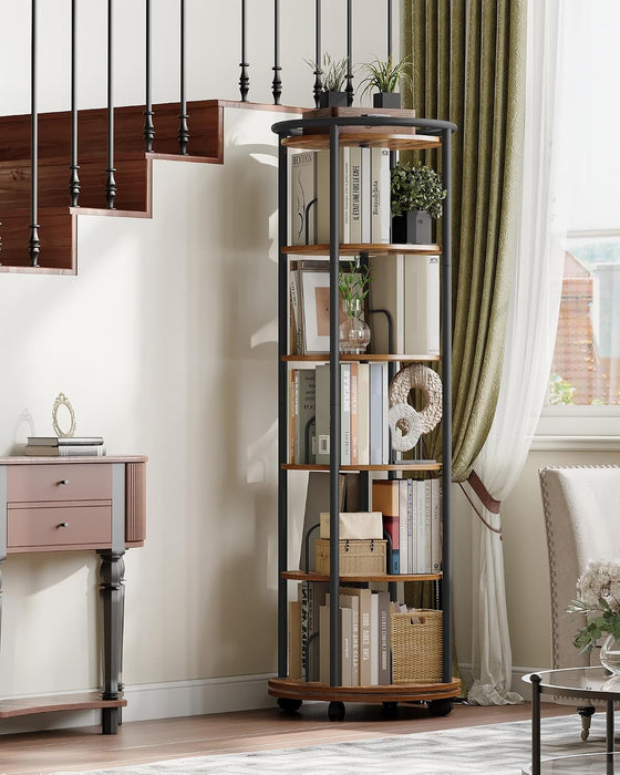 Rotating Bookshelf, 360° Spinning Bookshelf Tower,Round Book Shelf | Display Revolving Bookcase, Narrow Swivel Bookshelves for Small Space, Bedroom, Living Room, 6-Tier Rustic Brown, BC52101B