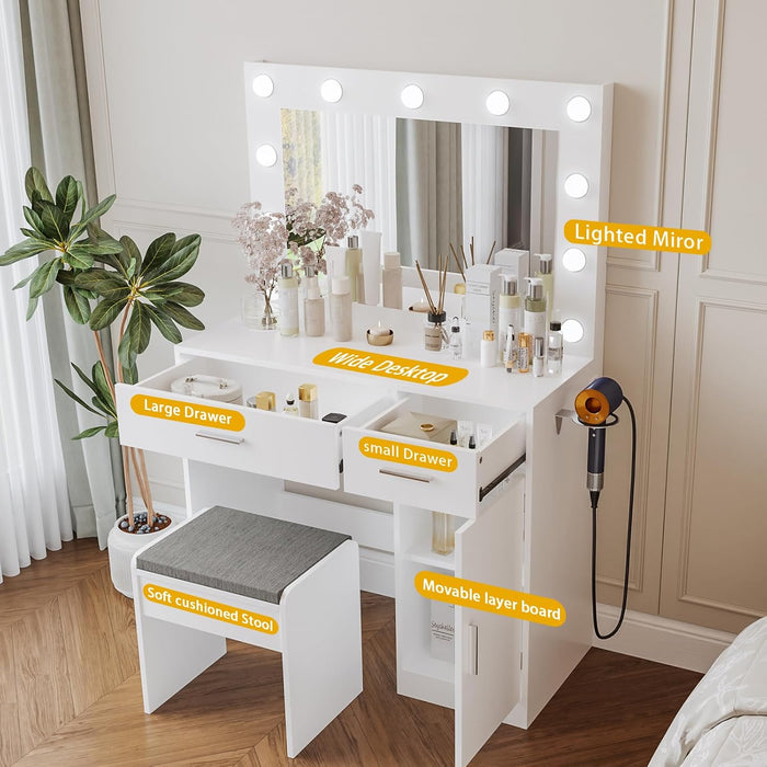 Vanity, Vanity Desk with Mirror, Large Drawer and Power Socket with 11 Light Bulbs and 3 Adjustable Lighting Modes, Vanity Table Ideal for Bedroom (White)