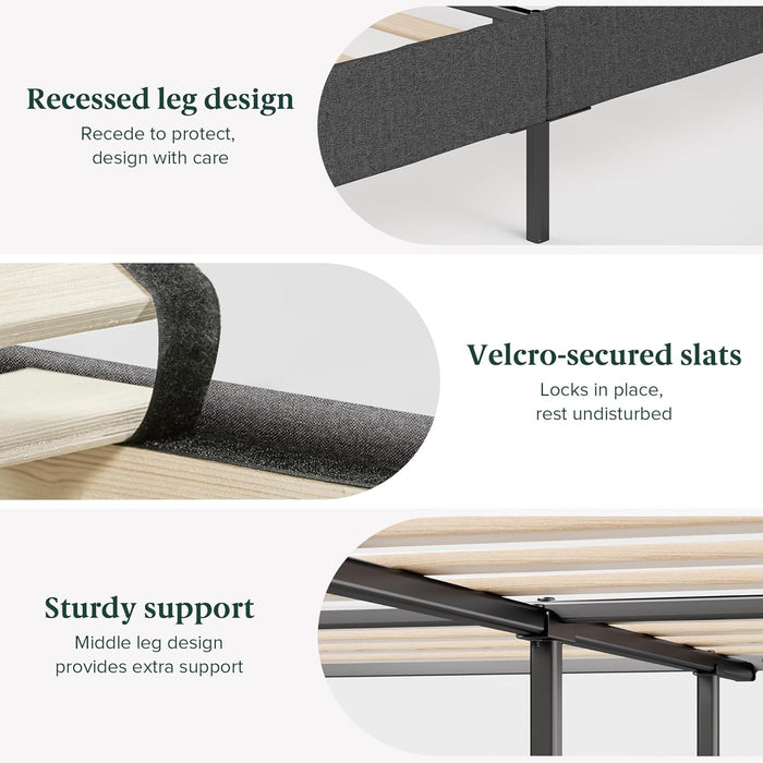 Queen Maya Upholstered Bed Frame with Asymmetric Headboard, Durable Wooden Slats, Sturdy Framework, Noise Free Sleep, No Box Spring Needed, Easy Assembly, Eco Friendly Packaging, Dark Grey