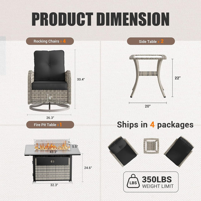 7Pcs Patio Rocking Swivel Chair with 55,000 BTU Fire Pit Table Outdoor Wicker Rattan Bistro Set with Tempered Glass Side Table, Outdoor Patio Furniture Set for Garden and Balcony, Dark Grey