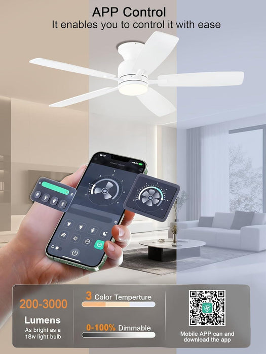 52 Inch Ceiling Fans with Lights，Flush Mount Ceiling Fan with Remote/App Control, 3CCT Dimmable, Double-Sided Blades, Reversible Motor, Low Profile Ceiling Fans for Living Room Bedroom（White）
