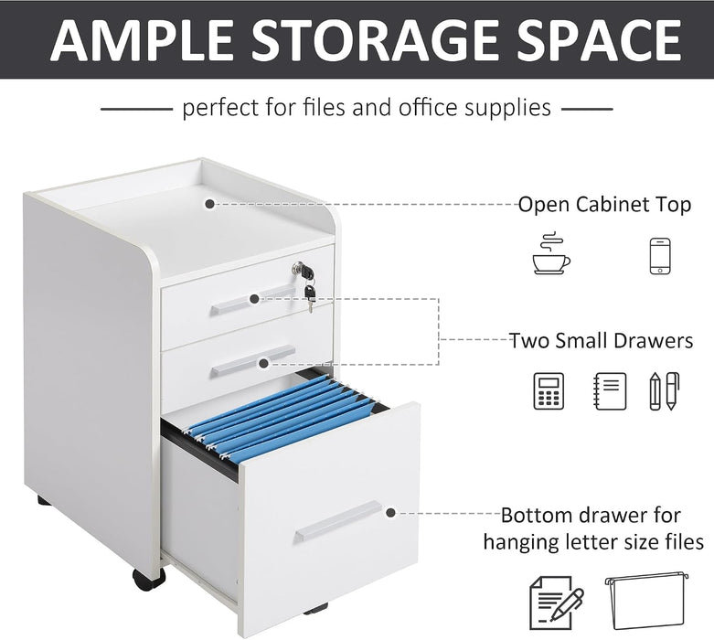 3 Drawer Vertical File Cabinet Lock 15.4" X 15.7" X 25.7" White