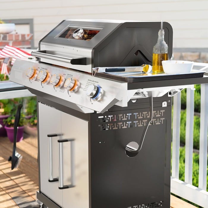 4 Led Burner Propane Gas Grill with Side Burner & & Visual Glass, Stainless Steel Gas Grill with Enameled Cast Iron Grates, 60,000 Btus Output for Outdoor Cooking and Patio Backyard Barbecue