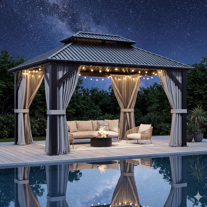 10'X12' Gazebo Hardtop Gazebo, Aluminum Frame Pergola with Double Galvanized Steel Roof, Permanent Outdoor Metal Canopy with Curtain & Netting for Patio, Backyard, Deck, Dark Grey
