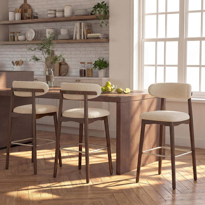 Counter Height Bar Stools, Solid Wood Barstools,30.5" Set of 3 | Curved Back & Metal Footrest,Premium Fabric Upholstered Mid Century Modern Bar-Chairs for Kitchen Island, Oatmeal