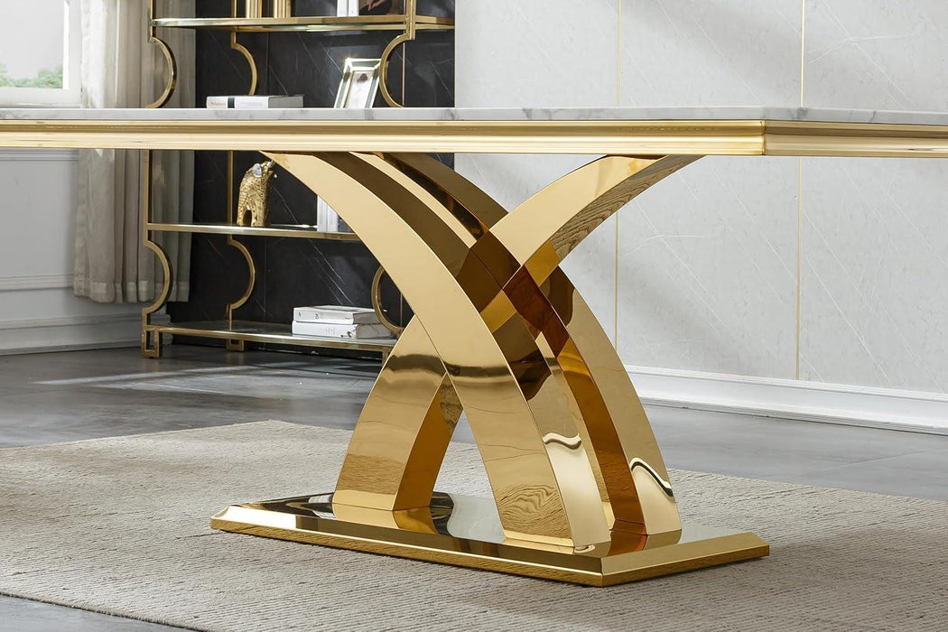 Faux Marble Dining Table, Modern Faux Marble Dining Room Table 70" with X Shape Stainless Steel Pedestal for Kitchen & Dining Room