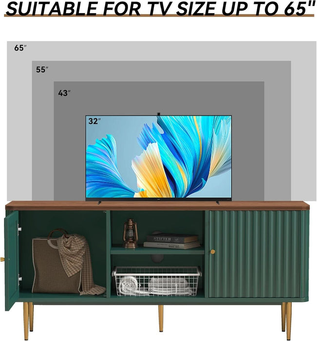 55” Fluted TV Stand, Mid Century Modern Green TV Stand for 55/60/65 Inch TV, Entertainment Center with Storage, Television Stands, TV Console, Media Console for Living Room, Bedroom (Green)