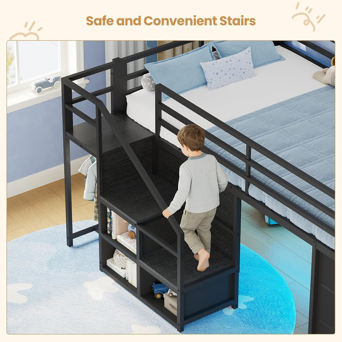 Low Loft Bed Twin Size with Stairs & LED Lights, Kids Loft Bed with 7 Storage Drawers & 3 Open Cubbies & Handy Clothes Rail, Twin Loft Bed with Safety Guardrail, Under-Bed Play Area, Black