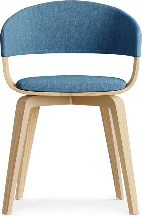 Lowell 17 Inch Mid Century Modern Bentwood Dining Chair with Light Wood in Blue Polyester Linen, for the Dining Room