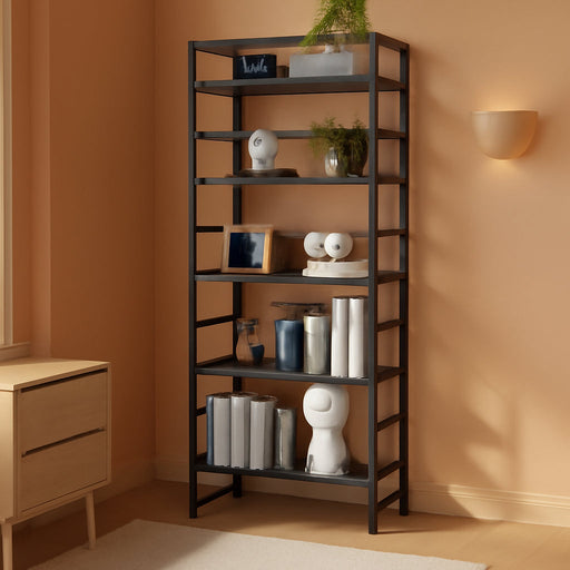 All Black Folding Bookshelf Five Tier Organization