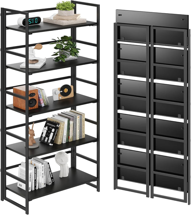 All Black Folding Bookshelf Five Tier Organization