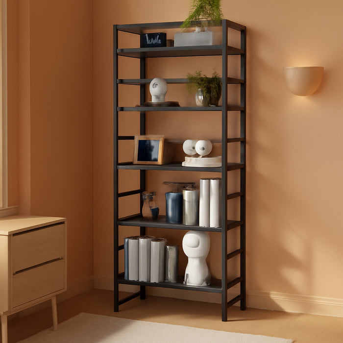 All Black Folding Bookshelf Five Tier Organization