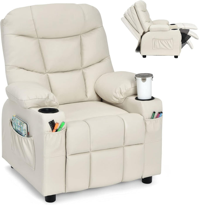 Kids Recliner Chair with Cup Holder, Adjustable Lounge Chair W/Footrest & Side Pockets for Children Boys Girls Room, Ergonomic Toddler Furniture Sofa, Kids Recliner (Beige)