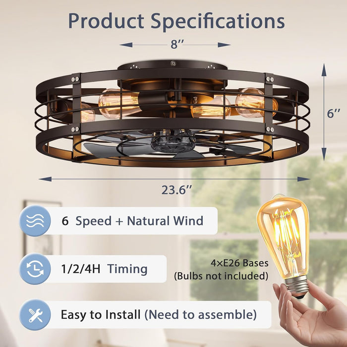 24'' Caged Ceiling Fan with Light and Remote,Rustic Low Profile Ceiling Fan with Light Flush Mount, Black Farmhouse Bladeless Fandelier Ceiling Fans with Lights for Kitchen,Bedroom