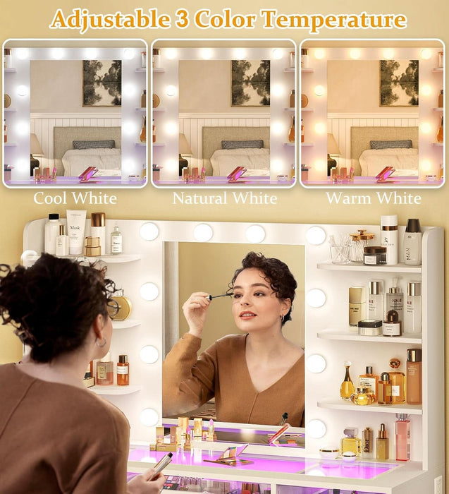 Vanity Desk, Makeup Vanity Desk with Mirror and Lights 3 Colors, Transparent Top with 3 RGB Drawers, 6 Shelves, 2 Large Tempered Cabinets, Power Outlet, for Bedroom, White