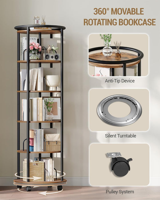 Rotating Bookshelf, 360° Spinning Bookshelf Tower,Round Book Shelf | Display Revolving Bookcase, Narrow Swivel Bookshelves for Small Space, Bedroom, Living Room, 6-Tier Rustic Brown, BC52101B