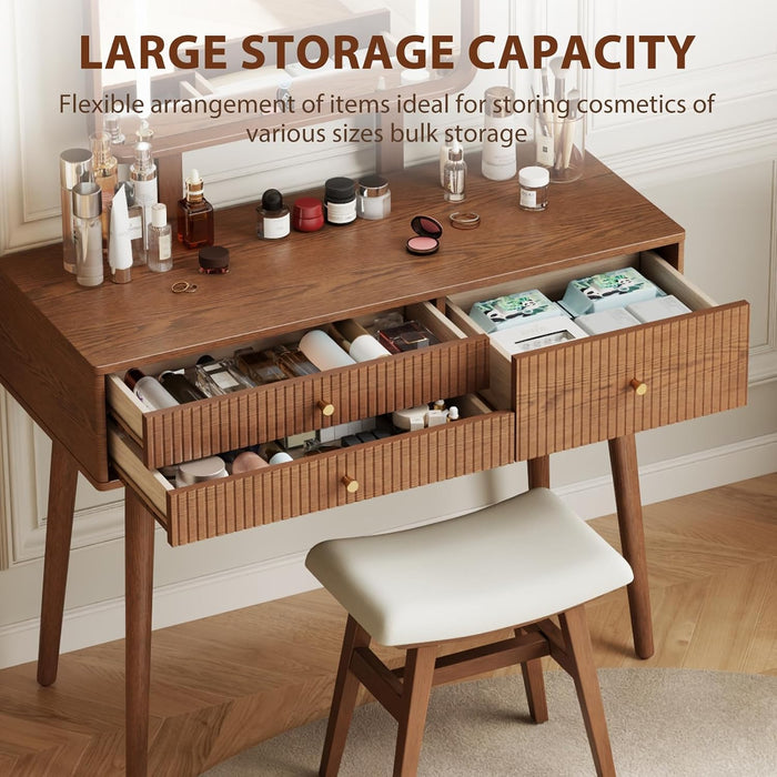 Wood Vanity with Mirror Light, Three-Drawer Vanity, Three-Color Adjustable Vanity Mirror, Suitable for Bedrooms and Dressing Rooms, Walnut Wood