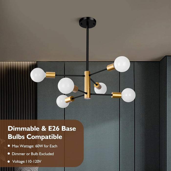 6-Light Sputnik Chandelier, Black and Gold Chandeliers Pendant Lighting, Modern Farmhouse Dinning Room Light Fixture Mid Century Brass, Height Adjustable for Living Room Bedroom Kitchen Island