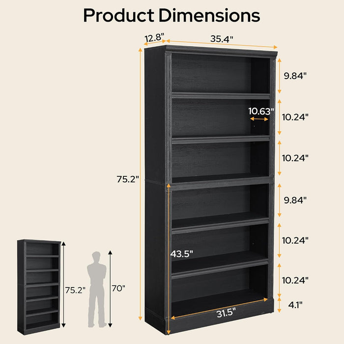 75.2" Tall Black Bookshelf, 6 Tier Large Bookcase W/Storage | Wooden Bookcase with Adjustable Shelves,6 Shelf Open Shelves, Floor Standing Display Storage Shelves for Living Room, Library