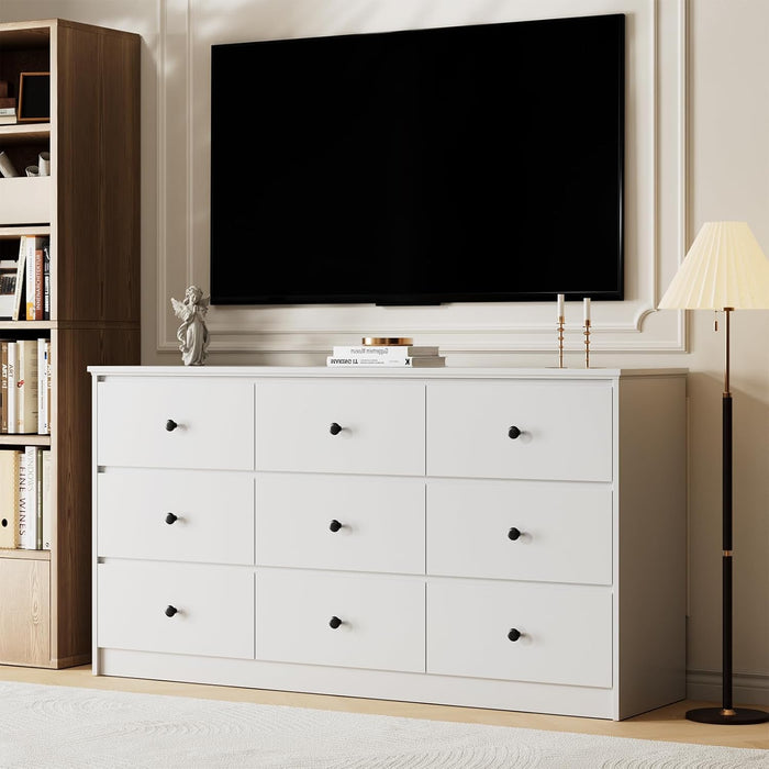 PureWhite Nine Drawer Dresser 59 Inches StorageBin