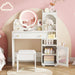 Kids Vanity Table and Chair Set, Toddler Dressing Table for 5-12 Year Old Little Girls, 2 in 1 Princess Makeup Vanity with Mirror & Lights, Wooden Pretend Play Vanity Desk, White