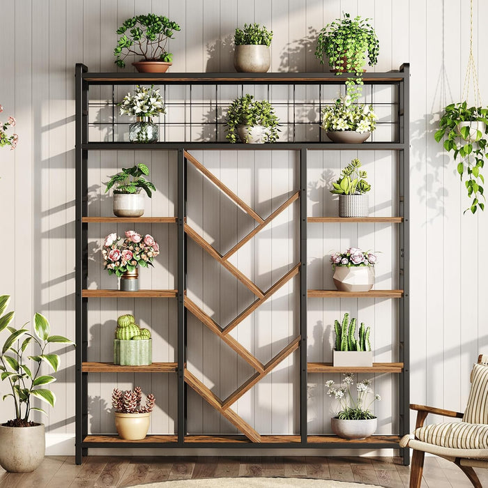 Triple 6-Tier Bookshelf, Industrial Large Bookcase with 18 Open Display Shelves, Modern Tree Bookcase with Metal Frame and Hanging Function for Living Room, Home Office, Rustic Brown and Black