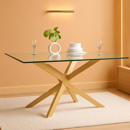 58.5” Rectangle Glass Dining Table, Tempered Glass Table Top and Metal Tubular Legs, Modern Style Table for Home, Kitchen, Dining Room 58.5”Lx29”Wx30”H, Gold