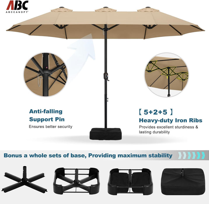 15FT Patio Umbrella with Base, Outdoor Double-Sided Rectangle Umbrella Bonus Latch, Wights for Poolside, Lawn, Backyard (Khaki)