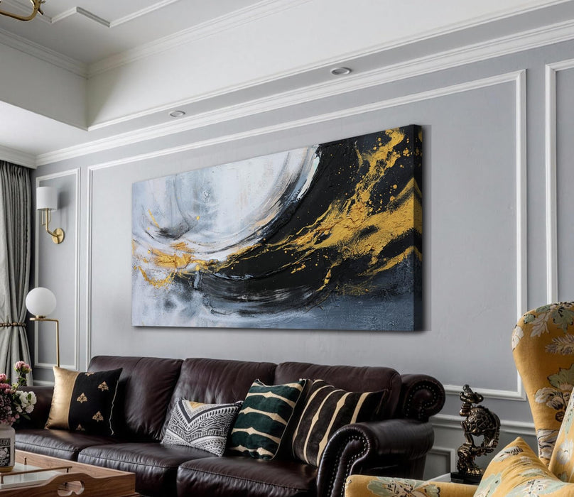 Abstract Canvas Wall Art Black and White Golden, 50% Handmade Thick Textured Painting 40"X20", Modern Art Picture Artwork for Living Room Bedroom Men Office Hallway Large Decoration