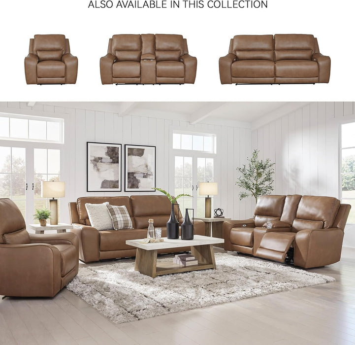 Signature Design by Ashley Spear Hill Contemporary Leather Match Power Reclining Sofa with Adjustable Headrest and USB Ports, Light Brown