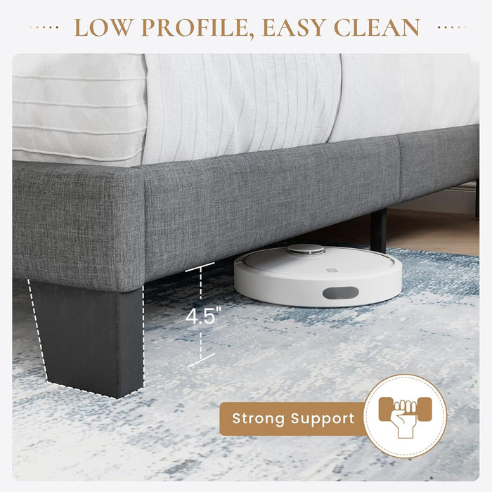 Queen Platform Bed Frame with Upholstered Fabric Headboard, Mattress Foundation with Strong Wooden Slats Support, No Box Spring Needed, Grey