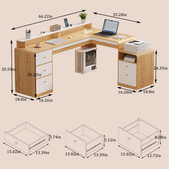 66" Farmhouse L Shaped Desk with 5 Drawers & File Drawers for Home Office